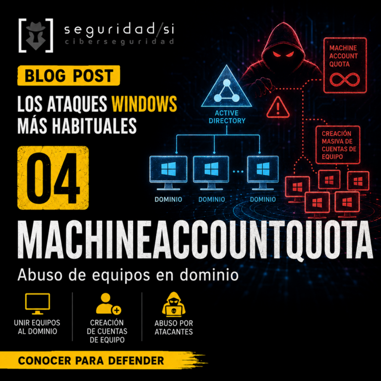 MachineAccountQuota permite que usuarios creen cuentas de equipo en AD. Aprende por qué es un riesgo y cómo revisarlo en entornos Microsoft.